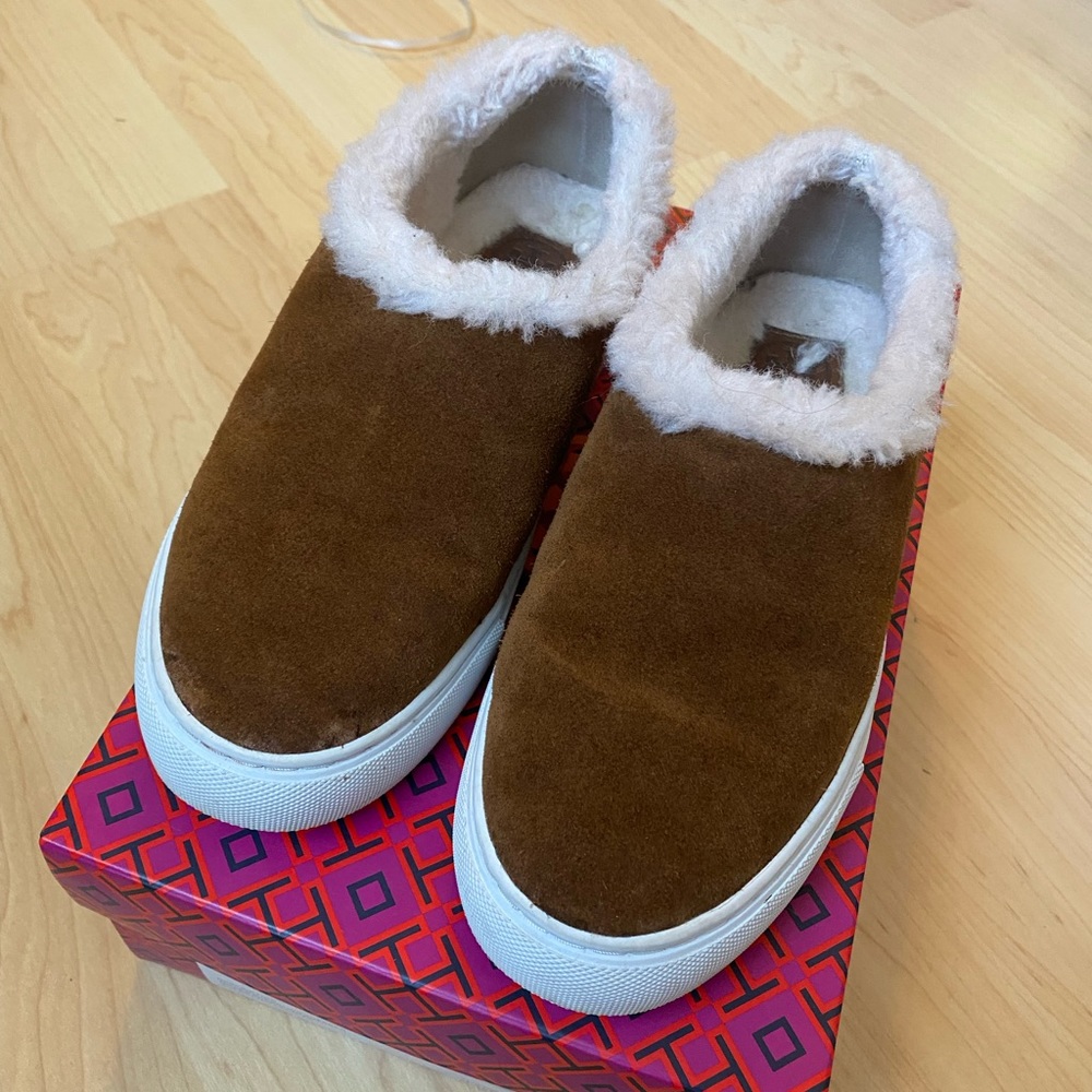 Tory Burch Miller shearling sneaker suede/vegan leather 6